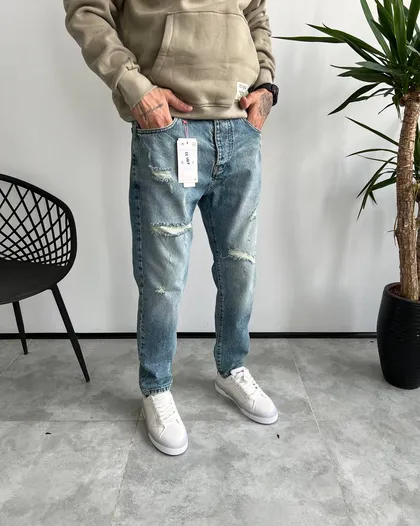شلوار مام فیت ابی زاپ‌دار ZARA