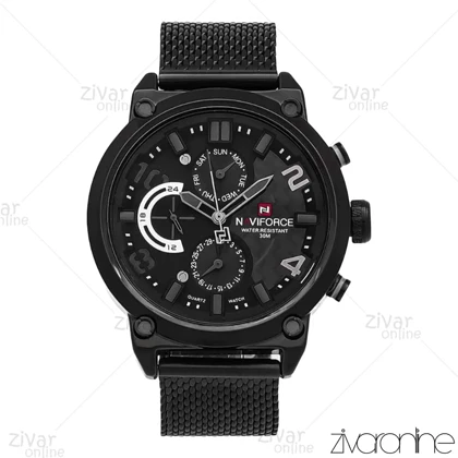 ساعت اورجینال ناوی فورس NaviForce مردانه سه موتوره فول مشکی بند حصیری 107007