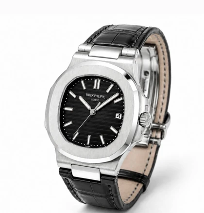 ساعت پتک فیلیپ ناتیلوس مردانه نقره ای بند چرم مشکی Patek Philippe Nautilus