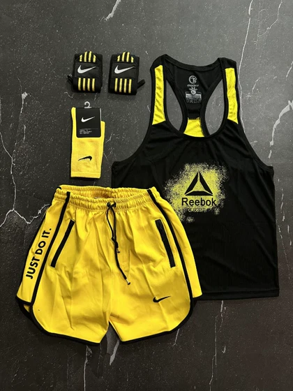 پکیج کد E1108 شامل رکابی + شلوارک + جوراب + مچ بند با تم مشکی زرد 🖤💛