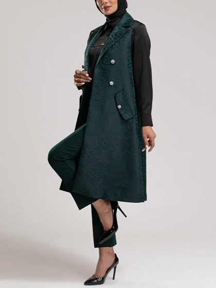 وست بلند زنانه ژاکارد مجلسی جیب نما یقه انگلیسی 70104