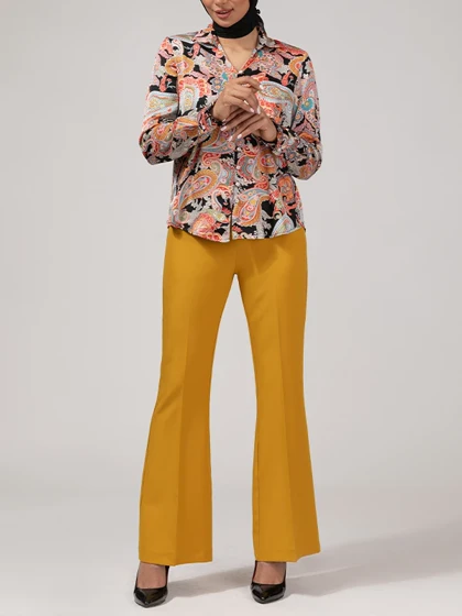 شومیز زنانه ساتن طرح دار یقه هفت آستین بلند 30109