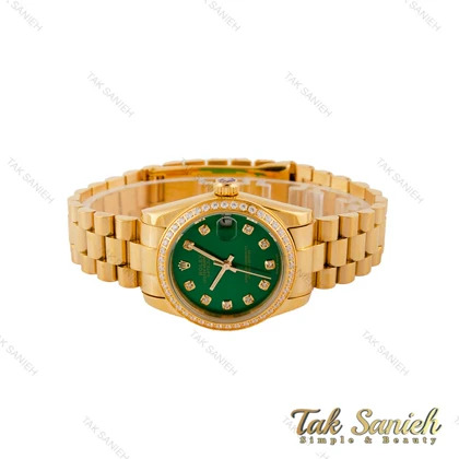 ساعت رولکس زنانه بند پرزیدنت طلایی صفحه سبز دورنگین Rolex-4961-L