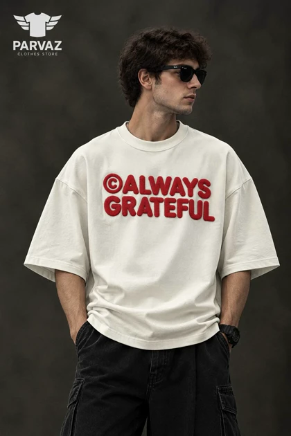 تیشرت باکسی دونخ پارچه سنگین مدل always grateful _ سفید