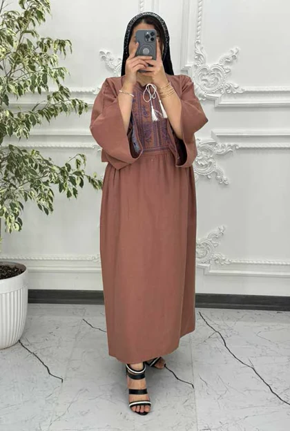 پیراهن لینن گلدوزی آستین کیمونو کالباسی 6029
