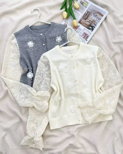 ژاکت بافت آستین کارشده گل و مروارید کد 5309