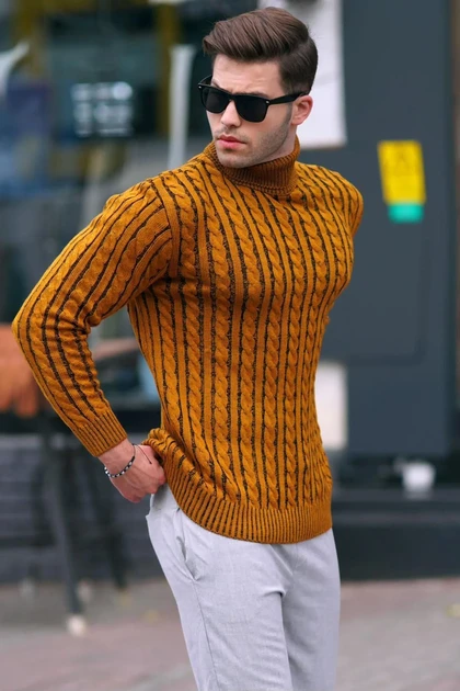 ژاکت بافتنی خردلی با جزئیات 6317