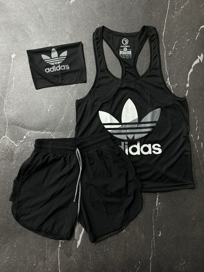 پکیج کد E1047 شامل رکابی + شلوارک + اسکارف آدیداس با 5 رنگ متنوع 🔥