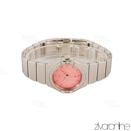 ساعت امگا کانسلیشن زنانه نقره ای دور نگین صفحه صورتی 105464