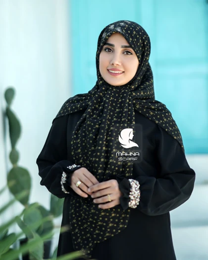 روسری وال نخی ژاکارد گل‌دار مشکی کد 3