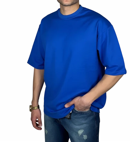 تیشرت آستین کوتاه آبی ساده پارچه ماکان