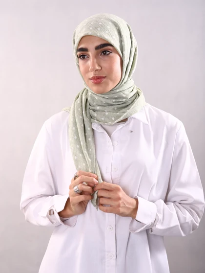 روسری وال نخی ژاکارد خال‌خالی سبز روشن