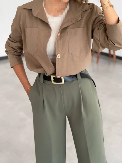 شومیز دگمه چوبی لینن زنانه کد SAYNA