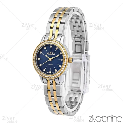 ساعت الکسا اسپشیال زنانه طلایی نقره ای صفحه سرمه ای دور نگین 106147
