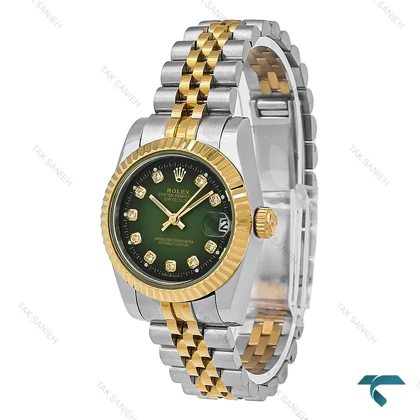ساعت رولکس زنانه دورنگ طلایی صفحه سبز مشکی ایندکس نگین مدیوم Rolex-7981-L