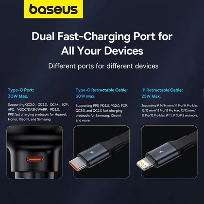شارژر فندکی 60 وات باسئوس Baseus مدل CCTXP-CCL با کابل جمع شونده