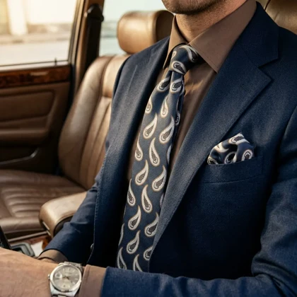 کراوات و پوشت دستدوز طرح جقه هرینگبون برند Massimo Dutti