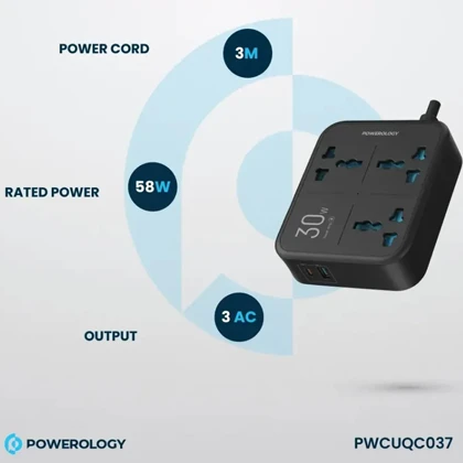 چند راهی و محافظ برق 3250 وات سه سوکت، یک USB و یک تایپ‌سی پاورولوژی PWCUQC037