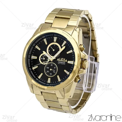 ساعت الکسا پریمیر A0064 مردانه سه موتوره طلایی صفحه مشکی 106229