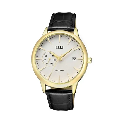 ساعت مچی مردانه کیو اند کیو چرمی طلایی صفحه سفید QQ-5535-G