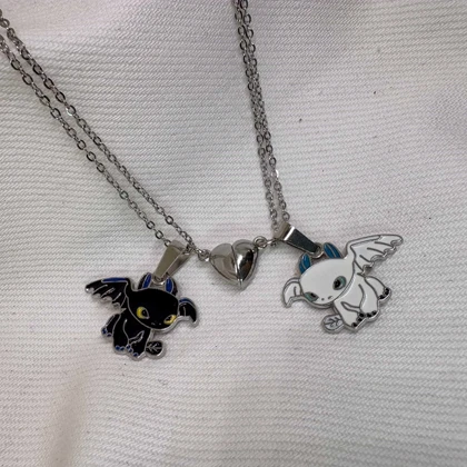 ست گردنبند دو نفره مدل «اژدها و قلب مگنتی» | پلاک مکمل با زنجیر دیپلمات استیل