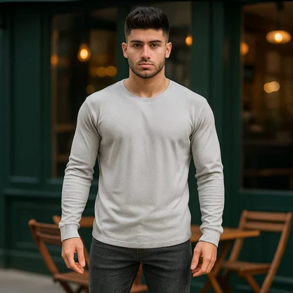 بلوز مردانه طوسی روشن یقه کوبایی مدل Etron