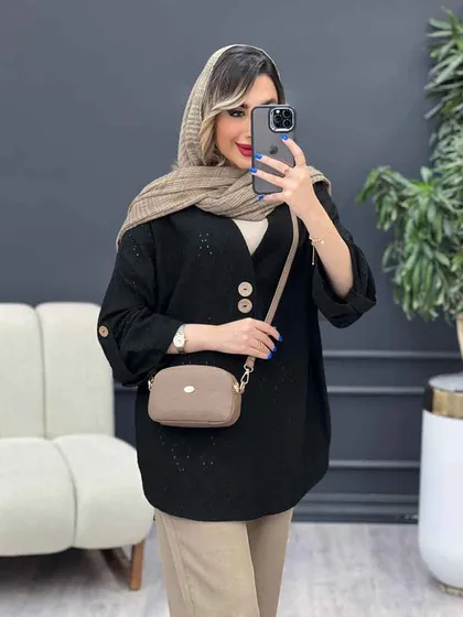 شومیز دو دکمه چوبی آستین پاگن