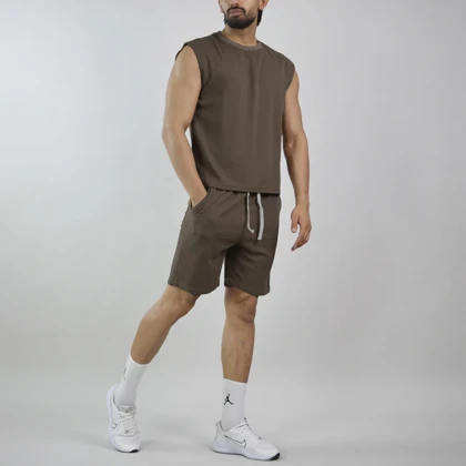 ست رکابی و شلوارک اسپرت بیسیک مدل GF-8301 قهوه ای