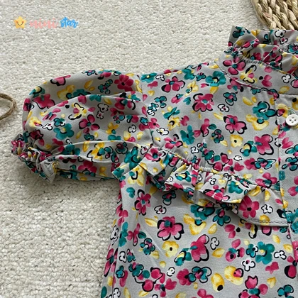 شومیز شلوارک جین دخترانه طوسی گل‌دار 1 تا 8 سال