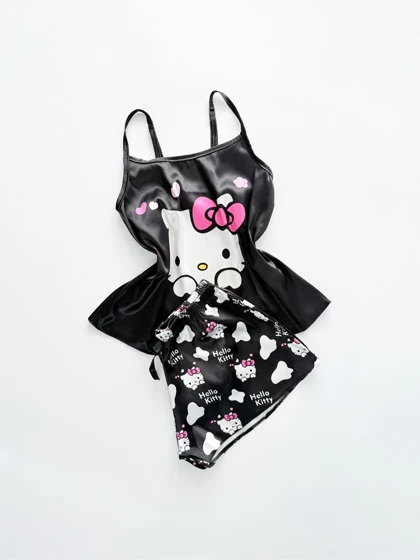 ست لباس خواب تاپ و شورتک ساتن طرح هلو کیتی Hello kitty