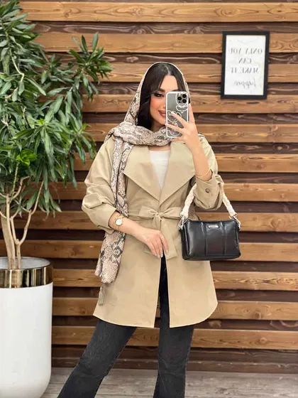 مانتو داکرون یقه انگلیسی کمر دار 3208