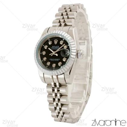 ساعت رولکس دیت جاست زنانه سیلور مشکی نگین‌دار اسمال 104532