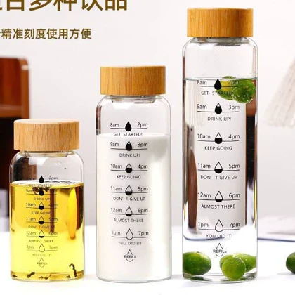 بطری آب شیشه ای درب بامبو در سه سایز