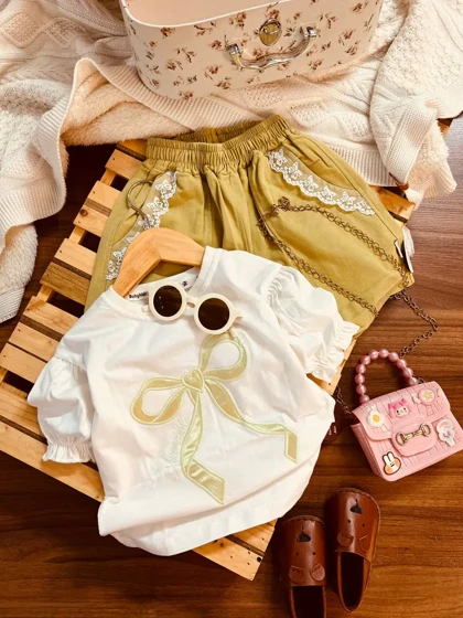 تیشرت شلوارک پاپیون گلدوزی