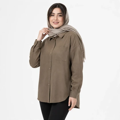 مانتو نخی زنانه مدل رنگین کمان جیب‌دار آستین بلند موکا