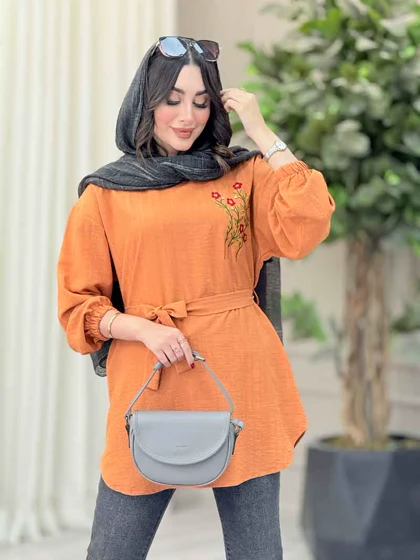 مانتو گلدوزی جلوبسته کمردار