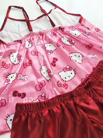 ست لباس خواب تاپ و شورتک ساتن طرح کیتی و پاپیون