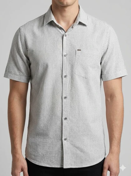 پیراهن مردانه آستین کوتاه راه راه کنفی طوسی 712