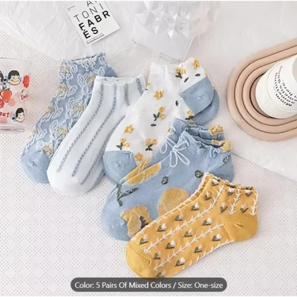 پک 5 جفت جوراب نازک فانتزی گل‌دار زنانه