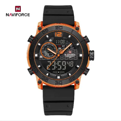 ساعت مچی اورجینال نیوی فورس NF6104 سه زمانه مشکی قاب نارنجی مدل m-10387