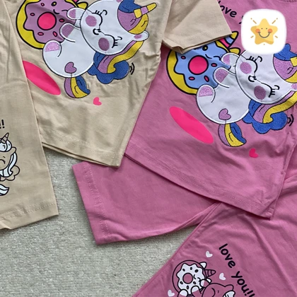 تیشرت شلوارک دخترانه طرح یونی کرن گلدوزی 2 تا 10 سال
