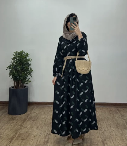 پیراهن مانتویی بلند زیتون به همراه کمربند (طرح برگ)