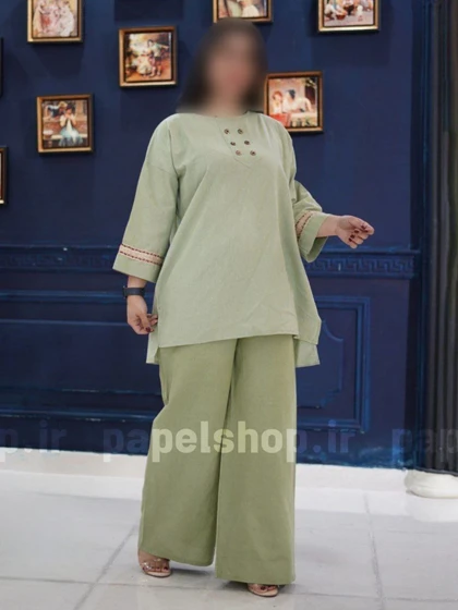 ست تونیک و شلوار لینن با نوار تزیینی سرآستین