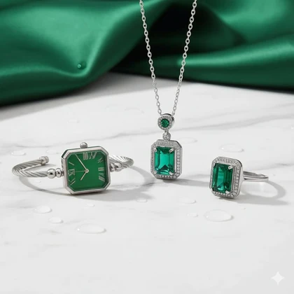 ست زنانه ساعت و گردنبند و انگشتر مدل زمرد-نقره ای ویژه