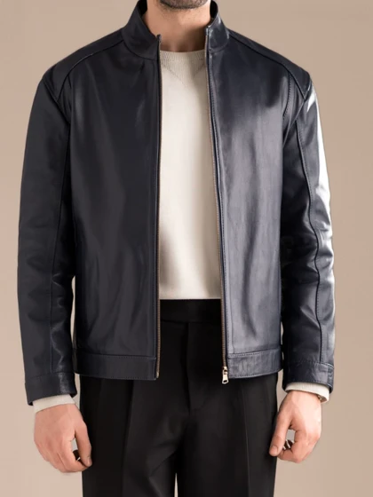 کاپشن چرم طبیعی سرمه ای ساده j195