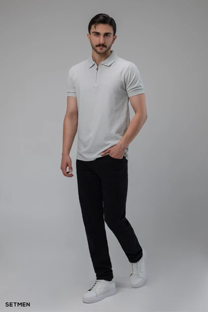 تیشرت یقه دار نیم زیپ ژاکارد اولد مانی