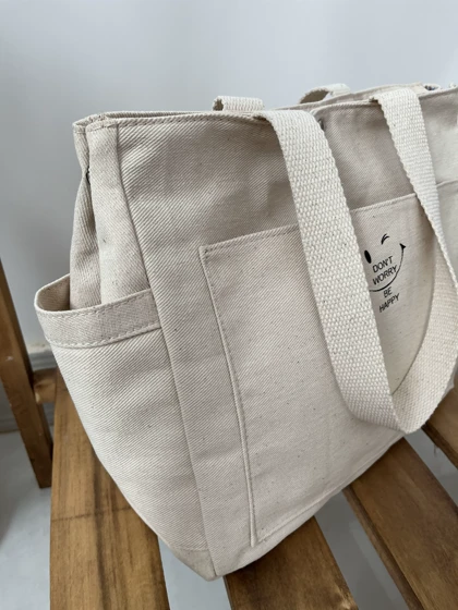 توت بگ کرمی سایز اسمال کیف پارچه ای طرح Be happy