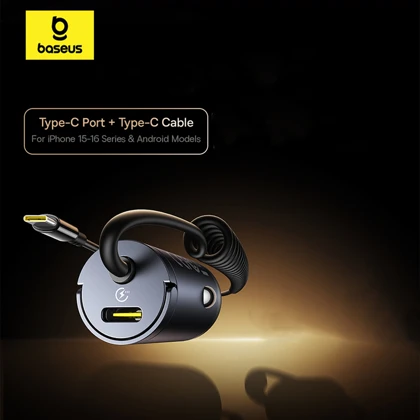 شارژر فندکی فست شارژ ماشین تایپ‌سی 30 وات بیسوس Baseus VCHXX-C C C00035001121-00 با کابل فنری متصل تایپ‌سی