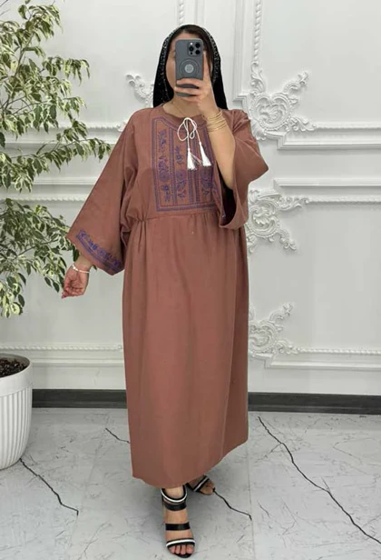 پیراهن لینن گلدوزی آستین کیمونو کالباسی 6029