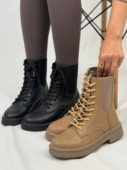 نیم بوت چرم زنانه مشکی کشی و بندی